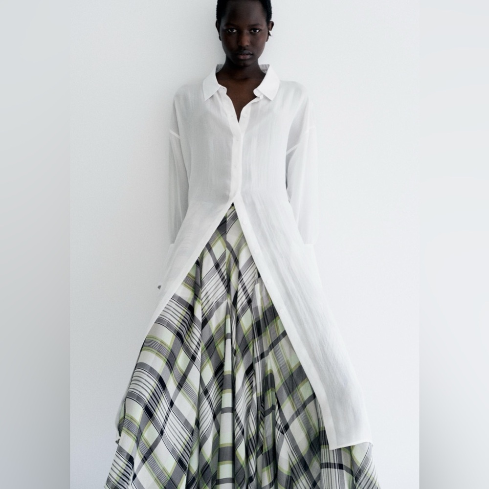 Zara plaid check print pleated high waist midi long green white skirt sz.XS